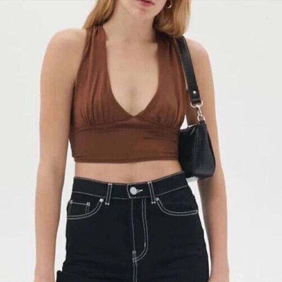 Urban Outfitters OB1280565 Women's Sz M Brown Satin Plunging Tie Back Crop Top - Picture 5 of 6